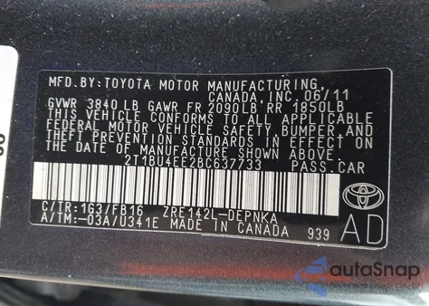 2011 Toyota Corolla Le из США, поврежденный, VIN 2T1BU4EE2BC637733